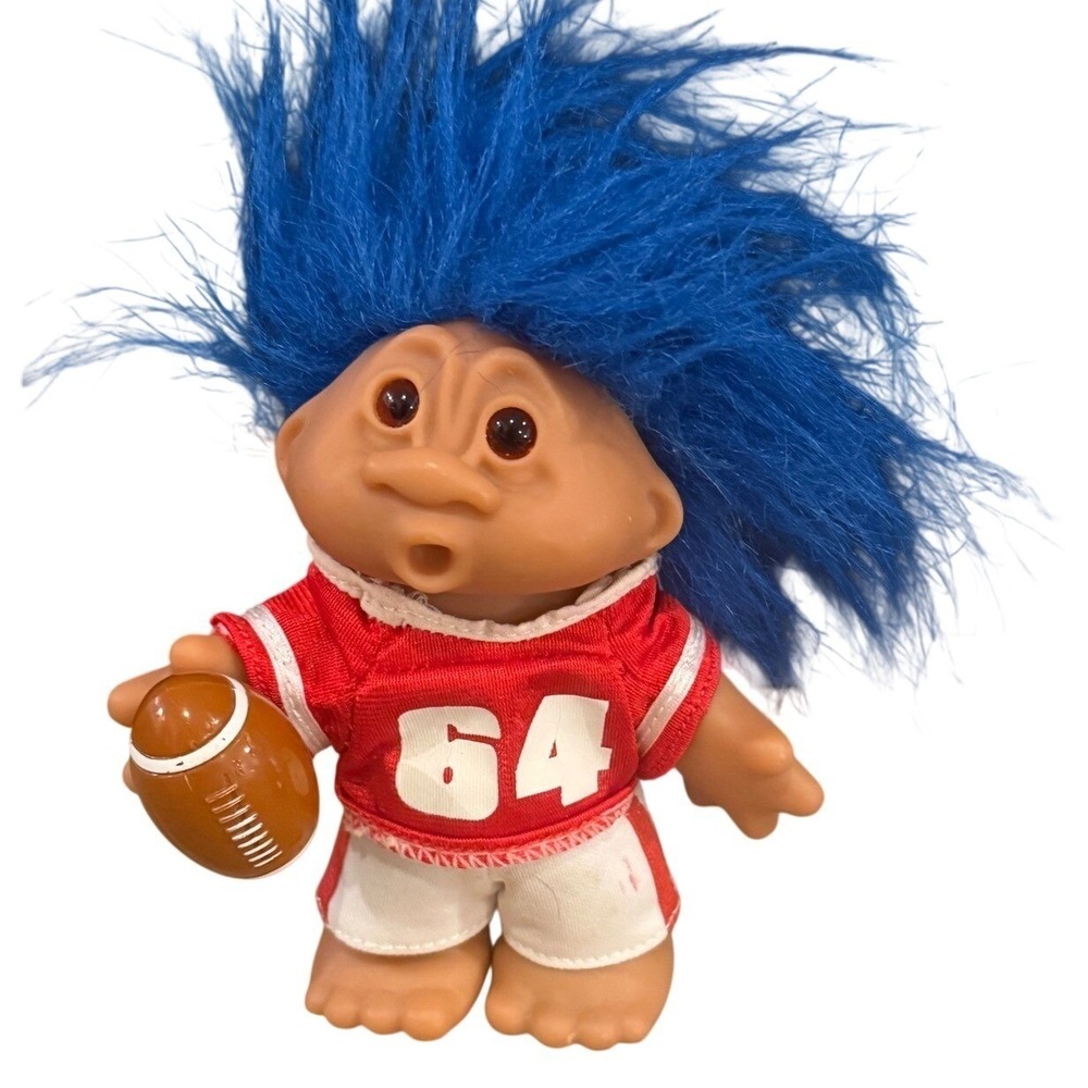 Vintage 1990s Dam Troll Doll Football Player #64 Blue Hair Collectible